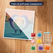 Deux dauphins en cœur turquoise – kit prêt à commencer