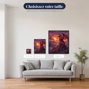 Dragon rouge sur pic montagneux au couchant – tailles disponibles