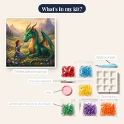 Girl Petting Friendly Dragon in Meadow – kit contents