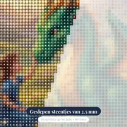 Meisje aait vriendelijke draak – close-up van de steentjes