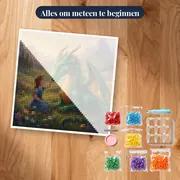 Meisje aait vriendelijke draak – pakket klaar om te beginnen
