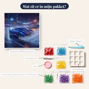 Blauwe sportwagen in de nachtelijke regen – inhoud van het pakket