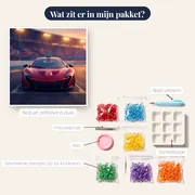 Racewagen op de startopstelling onder stadionlicht – inhoud van het pakket