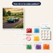 Groene klassieke racewagen op kronkelweg – inhoud van het pakket