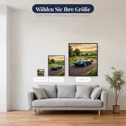 Grüner Rennwagen auf sonniger Landstraße – verfügbare Größen