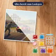 Rennwagen beim Zieleinlauf mit Zielflagge – Set bereit zum Loslegen