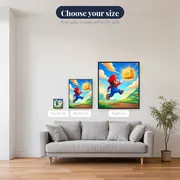 Red-Capped Hero Jumping to Golden Coin Block – available sizes