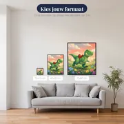 Groene dinosaurus met rood zadel in bloemenwei – beschikbare formaten