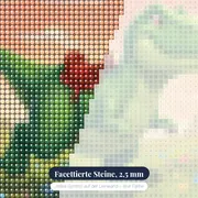 Grüner Dino mit rotem Sattel – Nahaufnahme der Steine