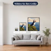 Papageitaucher auf grasgrüner Klippe – verfügbare Größen