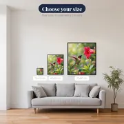 Iridescent Hummingbird Hovering by Red Bloom – available sizes