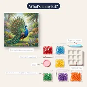 Peacock Displaying Fanned Feathers in Garden – kit contents