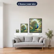 Peacock Displaying Fanned Feathers in Garden – available sizes