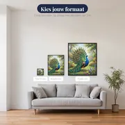 Pauw met uitgespreide staart in tuin – beschikbare formaten