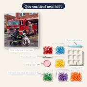 Pompier et dalmatien devant le camion rouge – contenu du kit