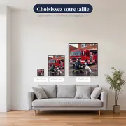 Pompier et dalmatien devant le camion rouge – tailles disponibles