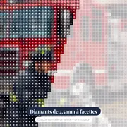 Pompier et dalmatien devant le camion rouge – gros plan des diamants