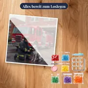 Feuerwehrmann mit Dalmatiner am roten Löschfahrzeug – Set bereit zum Loslegen