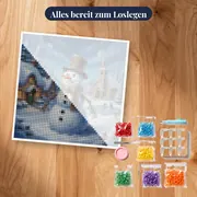 Schneemann mit Karottennase im Winterdorf – Set bereit zum Loslegen