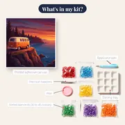 Vintage Camper Van on Sunset Cliff – kit contents