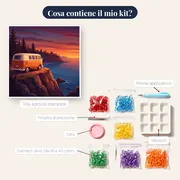 Camper d'epoca sulla scogliera al tramonto – contenuto del kit