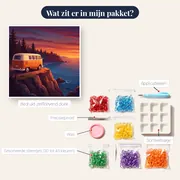 Camperbus op klif bij zonsondergang – inhoud van het pakket