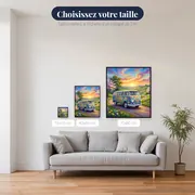 Van hippie fleuri sur route de campagne – tailles disponibles