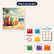 Retro Caravan with Surfboards on Beach – kit contents