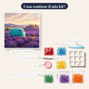 Camper turchese d'epoca tra la lavanda – contenuto del kit