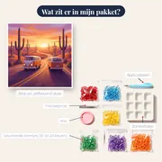 Camper op Woestijnweg bij Zonsopgang – inhoud van het pakket