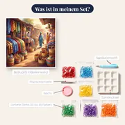 Farbenfroher Markt mit Stoffen und Körben – Inhalt des Sets