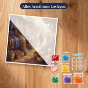 Farbenfroher Markt mit Stoffen und Körben – Set bereit zum Loslegen