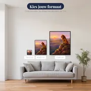 Leeuw op rots bij zonsopgang – beschikbare formaten