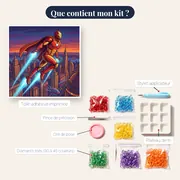 Héros cuirassé survolant la ville – contenu du kit