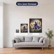 Heldenfiguur met magische mantel en gouden lichtcirkels – beschikbare formaten