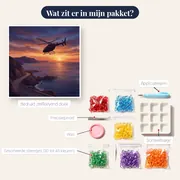 Helikopter boven kustlijn bij zonsondergang – inhoud van het pakket