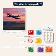 Passagiersvliegtuig stijgt op tegen roze lucht – inhoud van het pakket