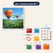 Montgolfière et avion ancien, vallée verdoyante – contenu du kit