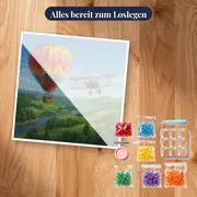 Ballon und Oldtimer-Flugzeug über dem Tal – Set bereit zum Loslegen