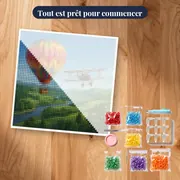 Montgolfière et avion ancien, vallée verdoyante – kit prêt à commencer