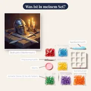 Ritterhelm und Schwert auf Steintisch – Inhalt des Sets