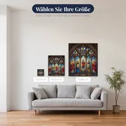 Farbenprächtiges Kathedralenfenster mit Heiligen – verfügbare Größen