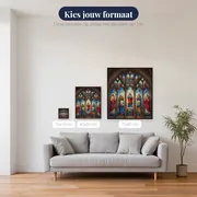 Gebrandschilderd kathedraalraam met kleurrijke heiligen – beschikbare formaten