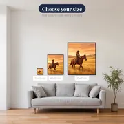 Cowgirl Riding Across Golden Prairie – available sizes