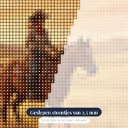 Cowgirl te paard in gouden prairie – close-up van de steentjes