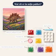 Stegosaurus in bloemendal onder roze lucht – inhoud van het pakket