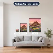 Stegosaurus im Blumental unter rosa Himmel – verfügbare Größen