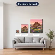 Stegosaurus in bloemendal onder roze lucht – beschikbare formaten