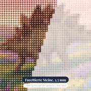 Stegosaurus im Blumental unter rosa Himmel – Nahaufnahme der Steine