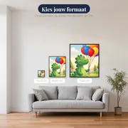 Vriendelijke groene dino met ballonnen – beschikbare formaten